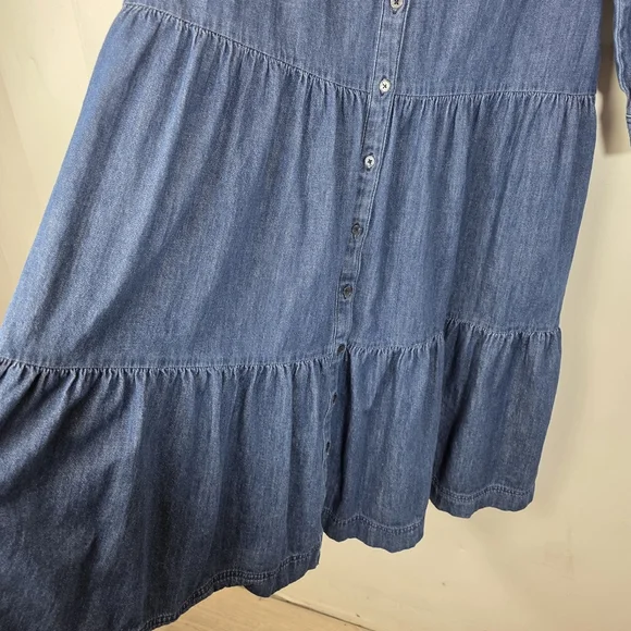 Boden Denim Tiered Midi Dress Ruffle Collar Blue US 12R - Picture 6 of 14